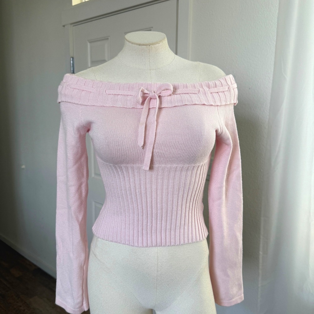 Womens Pink Off Shoulder top Ribbed Knit Sweater Bow size Small coquette  kawaii